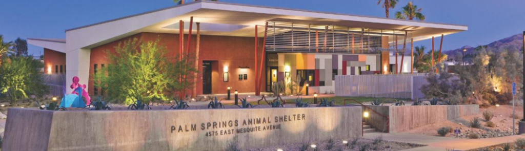 Exterior view of the Palm Springs Animal Shelter, showcasing a modern building design surrounded by desert landscaping.