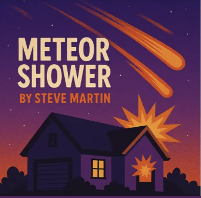 A graphic design featuring a house silhouetted against a night sky with meteor showers, accompanied by the title 'METEOR SHOWER' and 'BY STEVE MARTIN' in bold text.