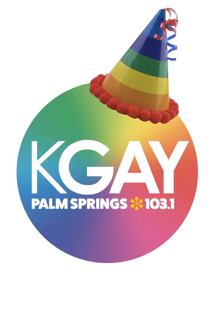 Logo of KGAY Palm Springs featuring a rainbow party hat on a colorful circular background with the text 'KGAY PALM SPRINGS 103.1'.