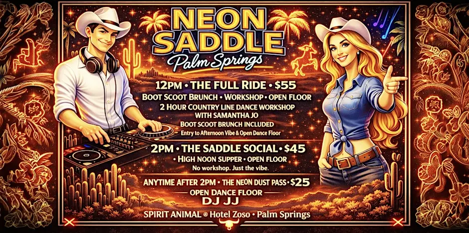 Promotional event poster for 'Neon Saddle' in Palm Springs featuring a DJ and a couple dressed in Western attire. Highlights include a brunch, line dance workshop, and social events, with details on pricing and schedule.