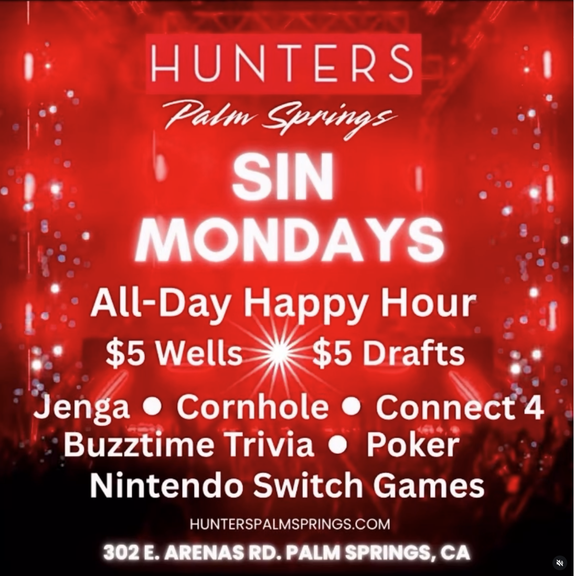 Sin Mondays All-Day Happy Hour at Hunters Palm Springs