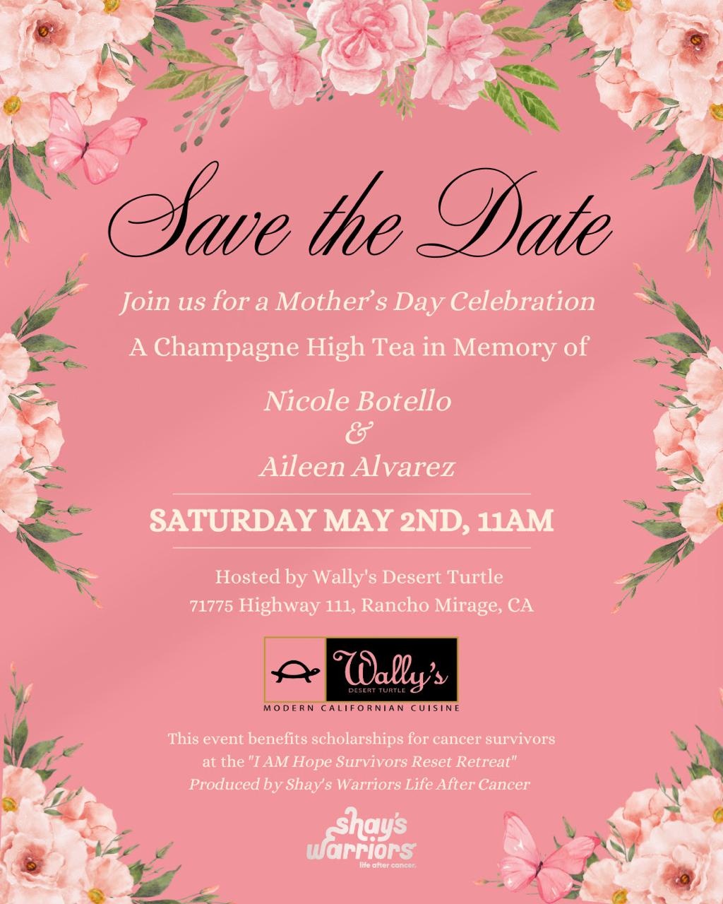 Mother's Day Champagne High Tea invitation - Shay's Warriors Life After Cancer fundraiser at Wally's Desert Turtle